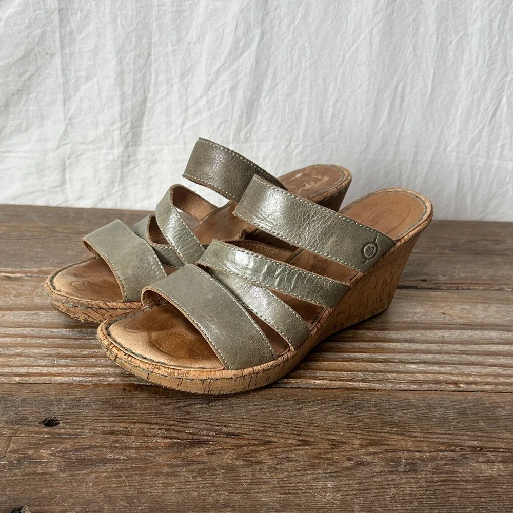 Born Metallic Olive Multi-Strap Cork Wedges